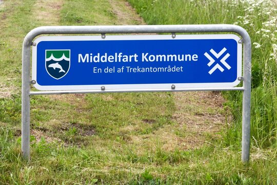 Middelfart, Denmark - June 8, 2022: Middelfart municipality road sign in Denmark	