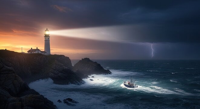 Dramatic lighthouse on rocky coast during powerful ocean storm.