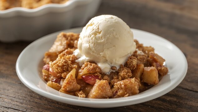 Warm Apple Crisp Topped with Vanilla Ice Cream on a Plate