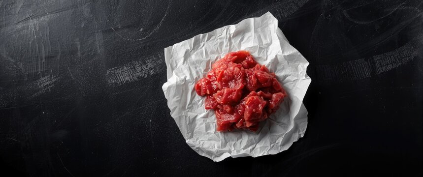 Raw Beef Chunks on Crumpled Paper Against a Dark Background