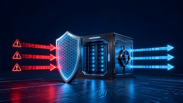 Enterprise cybersecurity firewall shield blocking red cyber attack arrows guarding a data vault representing network defense and threat mitigation