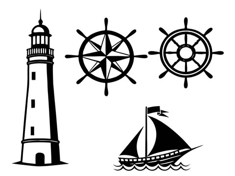 Four coastal navigation elements lighthouse, buoy, ship wheel, and signal flag. Black monochrome vector silhouettes on a pure white background, evenly spaced and carefully aligned, simple clean forms,