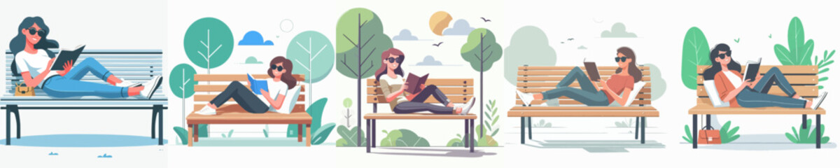 Obraz premium Flat vector illustration of a woman sitting on a park bench with their legs stretched out, reading a book in a summer vibe