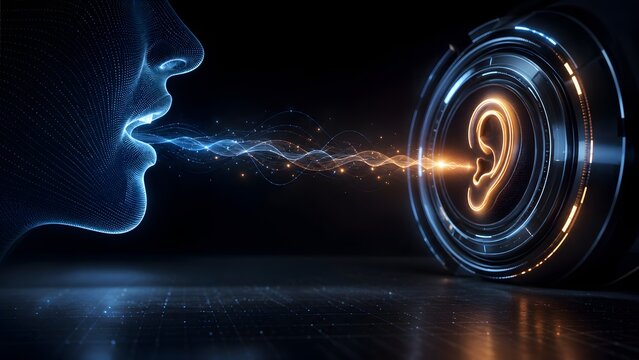 Artificial intelligence voice recognition with digital profile transmitting sound waves to an ear interface representing natural language processing