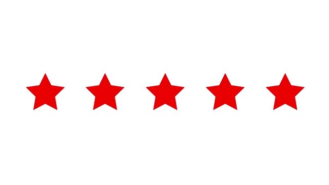Animated red five star rating representing customer reviews, feedback, trust, excellence and quality. Ideal for business presentations, websites, mobile apps and 4K motion graphics.