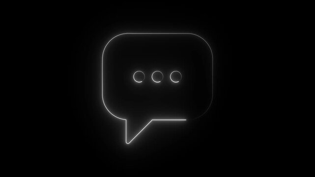 Glowing neon speech bubble with pulsing loading dots animation on black background, chat communication