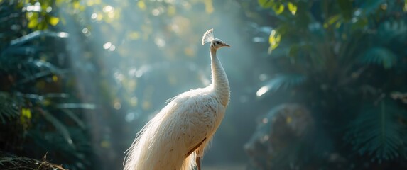 Obraz premium White Peacock Standing in Sunlit Forest with Soft Greenery