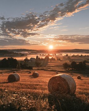 an oil painting of a farm in Howick, early morning, Vertical Stoke Sentinel cool mist morning, raised horizon ,Soft mist lifting above the fields.