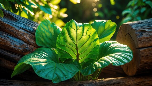 Teak tree leaves turning green as they grow on a felled tree trunk under the bright sunlight.