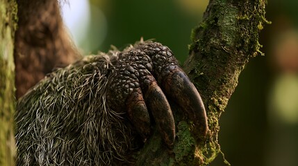 Fototapeta premium Close up of a three toed sloth claw gripping a tree branch in the wild.