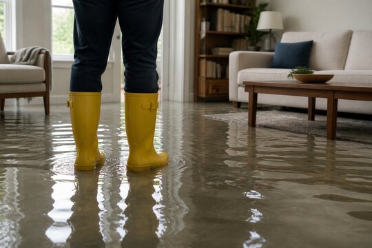 Person wearing yellow boots standing in flooded living room