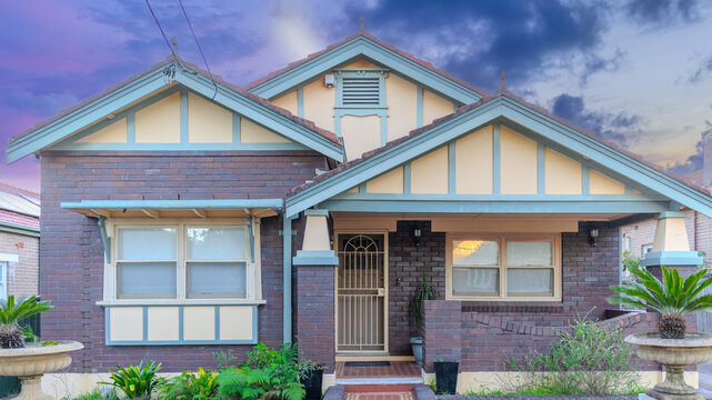 Suburban residential Brick house Terracotta Roof at Sunset in Sydney NSW Australia