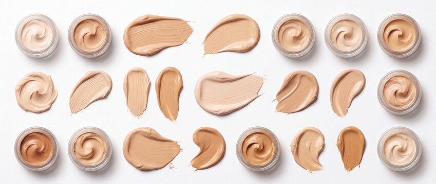 Liquid foundation cream swatches and cosmetic jars display various beige tone shades with smooth creamy textures on white background, ideal for beauty branding and makeup product catalogs
