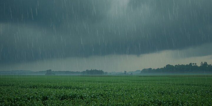 Rainy Landscape with Dark Clouds Over Green Fields