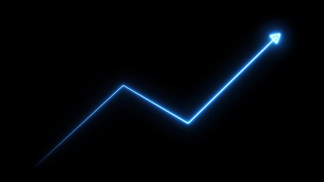 Glowing blue neon line graph rising upward, financial growth and success concept animation