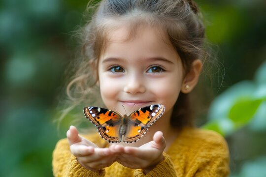 Little girl smiling holding butterfly in cupped hands