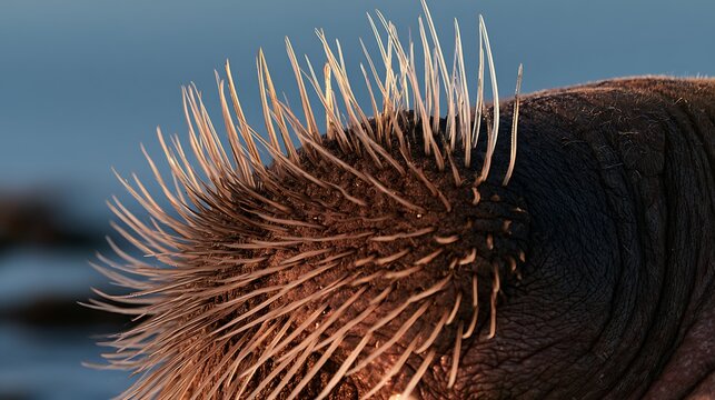 Extreme close up of walrus whiskers and snout texture.