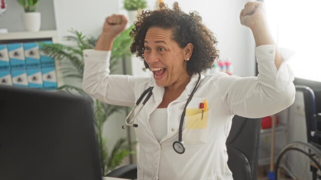 Woman doctor with stethoscope smiling and raising fists at clinic desk during videocall in building; professional triumph joy.