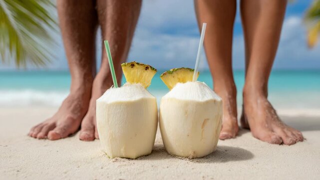 Tracking shot of two coconut drinks as couple walks barefoot and places drinks on sandy tropical beach shore with palm leaves and turquoise ocean background