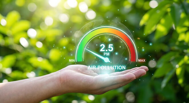 Hand Holding Digital Air Quality Index Interface Showing PM2.5 Air Pollution Monitoring, Environmental Protection, Clean Air Awareness, Smart Ecology, and Sustainable Future Concept