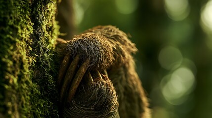 Fototapeta premium A sloth clinging to a mossy tree trunk in the rainforest.