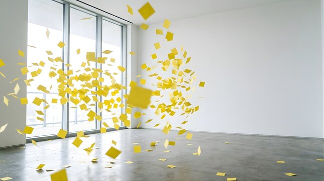 Yellow sticky notes floating in a modern white office room interior