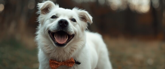 Obraz premium Happy White Dog Smiling Outdoors in Autumn with Bow Tie
