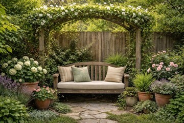 Fototapeta premium Quaint Wooden Bench Surrounded by Lush Garden Flowers and Greenery in Soft Afternoon Light