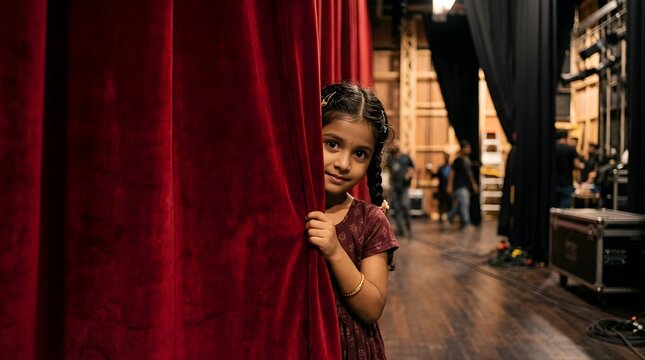 Young Indian girl peeking from behind a red velvet stage curtain in theater