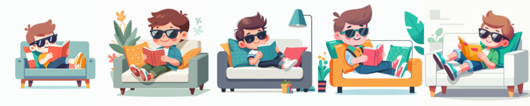 Flat vector illustration of a little boy relaxing on a sofa and reading a book, with a summer vibe