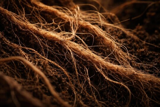Closeup of Plant Roots in Dark Soil with Natural Textures