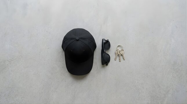 Black cap, sunglasses, and keys arranged on a grey concrete background