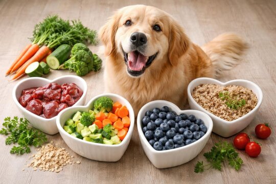 Golden Retriever Sitting Smiling with Healthy Pet Food Bowls on Wooden Surface