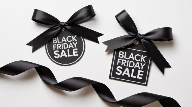 Black Friday Black Friday sale price tags with elegant black satin ribbons floating against a bright white background for premium commercial use