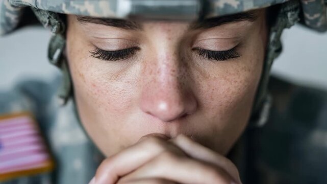 Slow motion close up of soldier with helmet in contemplative pose praying and closing eyes inside military barracks interior