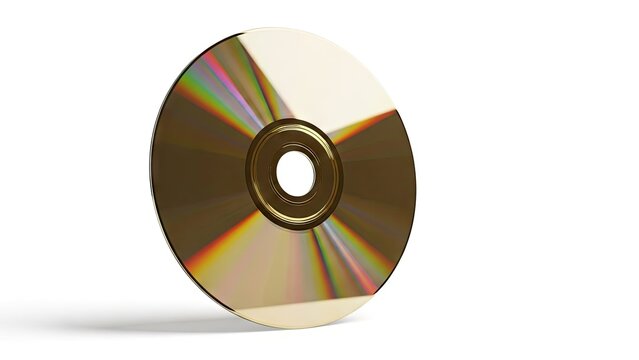 Gold compact disc with rainbow reflections on white background
