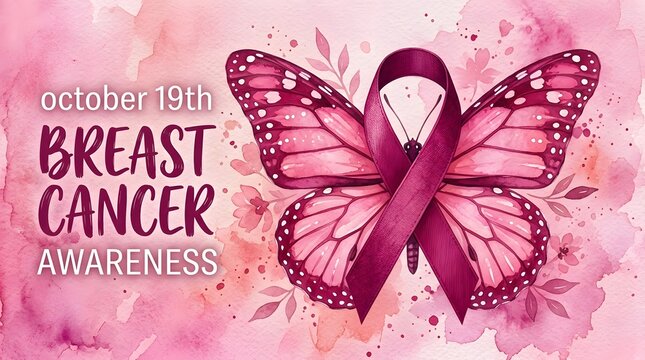 Watercolor butterfly illustration with a pink ribbon design for breast cancer awareness month to support survivors and promote health education