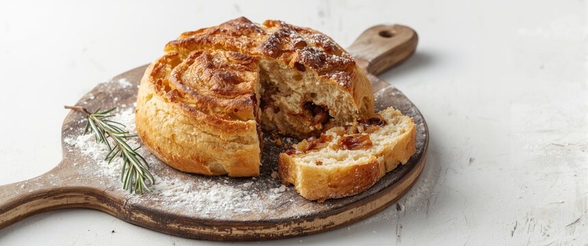 Freshly Baked Cinnamon Roll with Sliced Portion on a Wooden Cutting Board