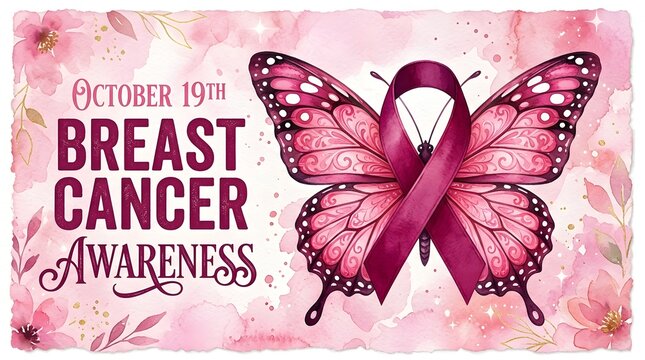 Watercolor illustration featuring a pink ribbon butterfly design to support the annual breast cancer awareness month campaign in october
