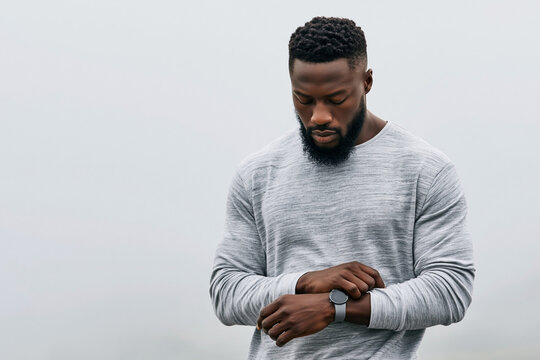 Men's Health. African man wearing gray long-sleeve shirt checks wristwatch while standing outdoors in a foggy environment with soft, muted background colors