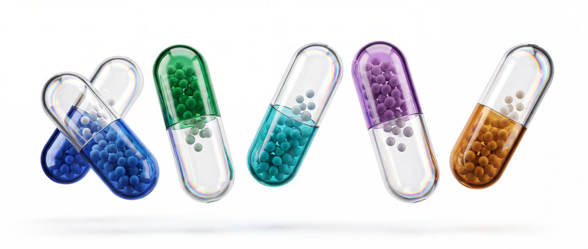 Medical capsules with colorful micro-granules in transparent glass shells rendered on a clean white background for pharmaceutical, healthcare, research, and supplement branding