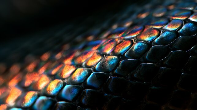 Macro abstract texture of iridescent colorful reptile snake scales.