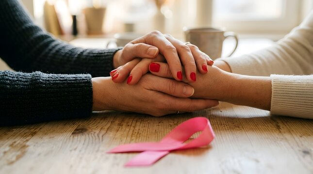 Two people holding hands in a supportive gesture during breast cancer awareness month to show compassion and solidarity for patients