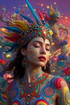 Ritratto surreale di donna con body painting colorato, copricapo tribale di piume e sfondo magico