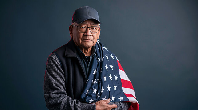 Elderly Asian man wearing glasses and a cap draped in an American flag poses against a dark background, showcasing pride and patriotism in a studio setting