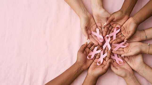 Diverse hands holding pink ribbons together in support of breast cancer awareness month representing unity hope and global health solidarity