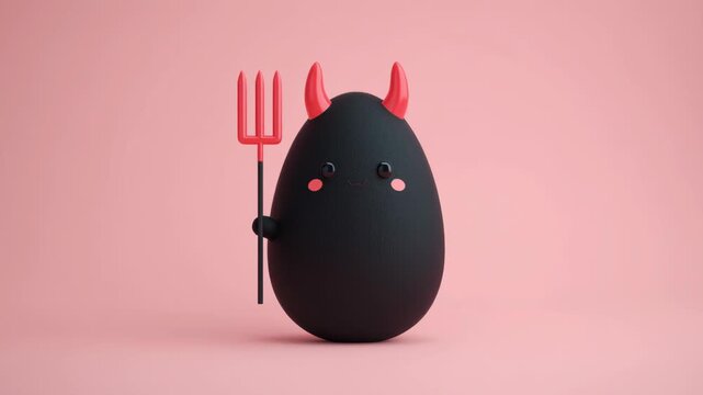 Black Egg Devil Horn Trident Halloween Creature on Pink Background Cute Spooky Decoration