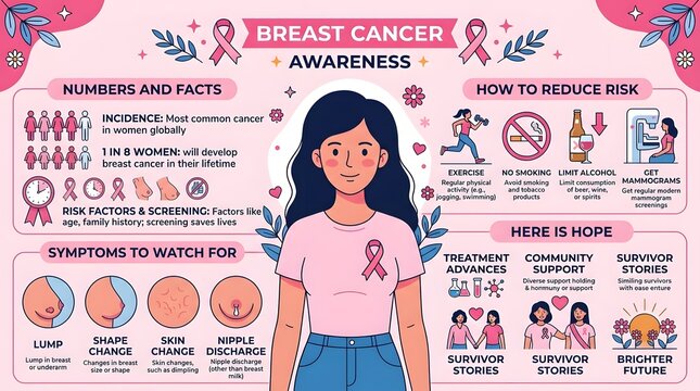 Educational infographic poster for breast cancer awareness month featuring health facts prevention tips and self examination steps for women wellness