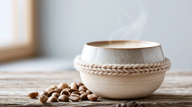 Wooden bowl with steam rising from hot beverage, surrounded by roasted coffee beans on rustic wooden table, natural light illuminating the scene