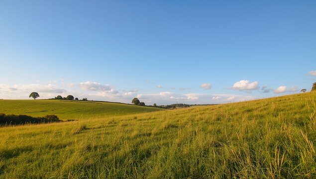 Rolling Green Hills under a Clear Blue Sky with Puffy Clouds